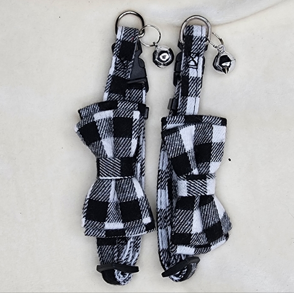 2 Black & White Buffalo Plaid Breakaway Pet Collars With Silver Bells - Picture 6 of 8